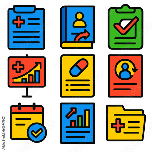 Minimalist Medical Icons. Flat vector icons of hospital discharge and summary forms: discharge note, recovery instructions file,