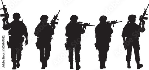 Five black silhouettes of soldiers with rifles military, soldier, military, silhouette, rifle, weapon, army, combat, warrior, uniform, tactical, equipment, action, standing, walking, aiming, holding, 
