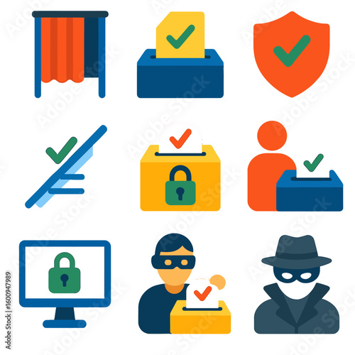 Anonymous Voting Icons. Flat vector icons of anonymous and private voting: curtain booth icon, covered ballot paper, privacy