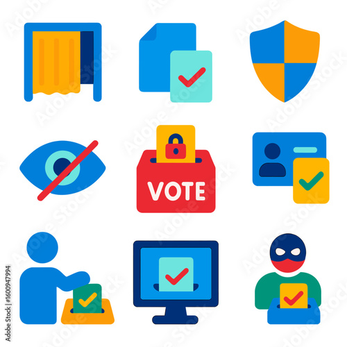 Anonymous Voting Icons. Flat vector icons of anonymous and private voting: curtain booth icon, covered ballot paper, privacy