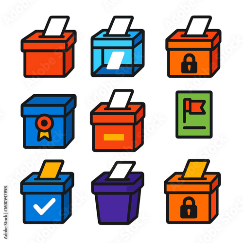 Colorful Ballot Box Icons. Flat vector icons of ballot box styles: traditional ballot box, transparent ballot icon, ballot with