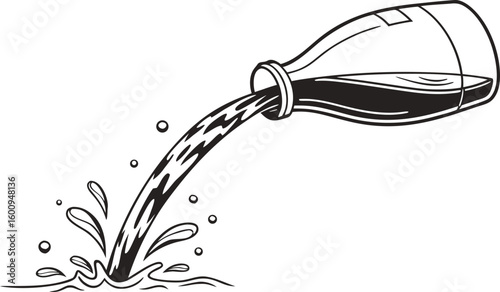 Black and white vector illustration of dark liquid pouring from a bottle creating a splash