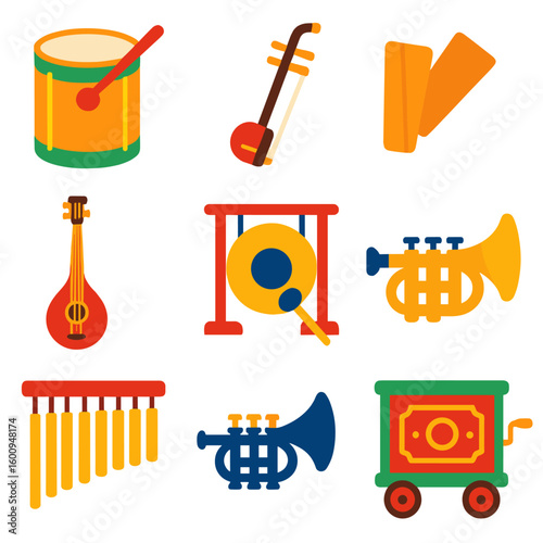 Musical Instrument Icons. Flat vector icons of musical instruments: surdo drum, banhu, paiban clapper, veena, gong with mallet,