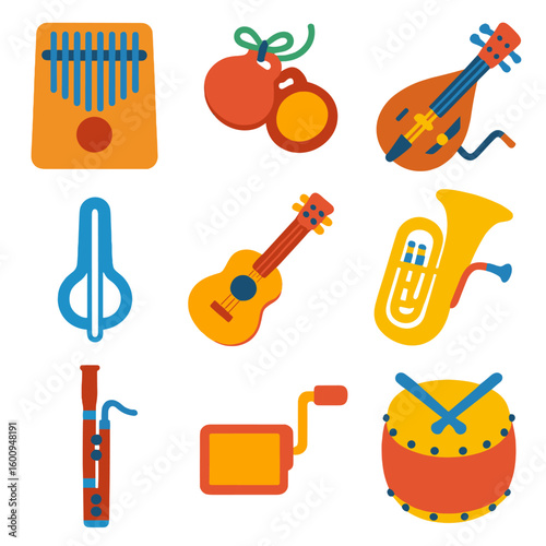 Bright Musical Icons. Flat vector icons of musical instruments: kalimba, castanets, hurdy-gurdy, jew’s harp, ukelele, baritone