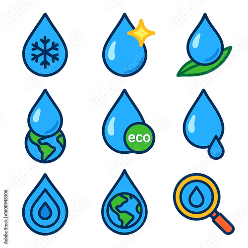 Colorful Water Drop Icons. Flat vector icons of water drop: frozen water drop icon, drop with sparkle burst, drop on grass blade,