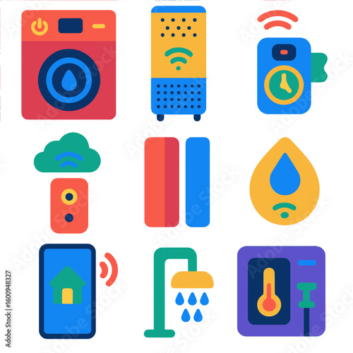 Smart Home Icons. Flat vector icons of smart home devices and automation: smart washing machine panel, connected air purifier,