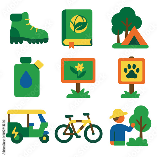 Eco Travel Icons. Flat vector icons of sustainable travel and eco tourism: green hiking boot, ecotour guidebook, tent under trees,