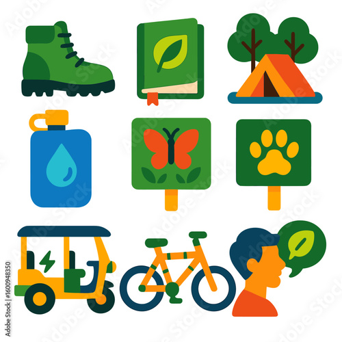 Eco Travel Icons. Flat vector icons of sustainable travel and eco tourism: green hiking boot, ecotour guidebook, tent under trees,