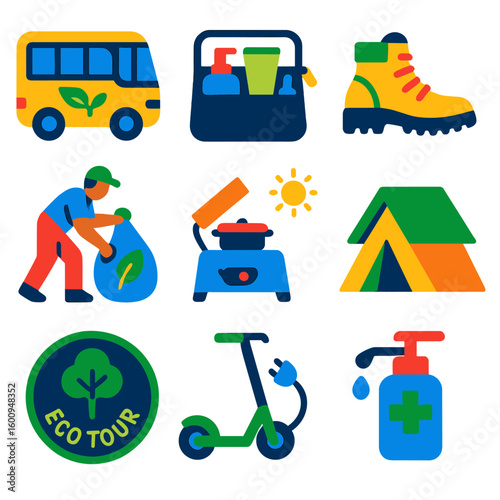 Eco Travel Icons. Flat vector icons of sustainable travel and eco tourism: slow travel bus icon, reusable toiletry bag, ecological