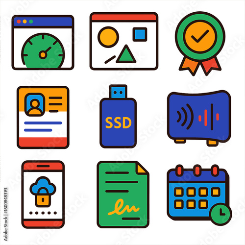 Freelance Work Icons. Flat vector icons of freelance and remote work essentials: internet speed test window, online collaboration