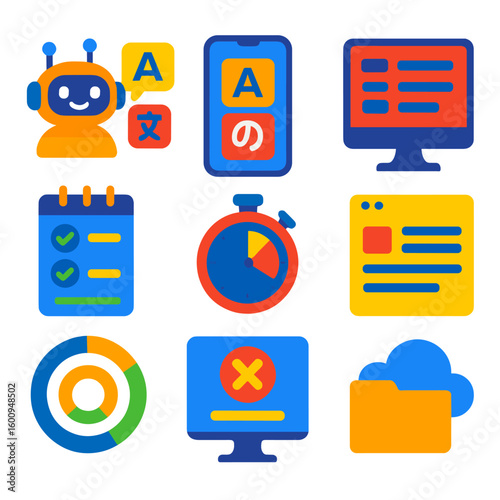 Colorful E-Learning Icons. Flat vector icons of digital education and e-learning tools: AI tutor bot icon, language learning app