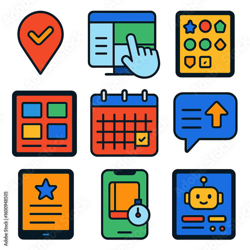 Bright E-Learning Icons. Flat vector icons of digital education and e-learning tools: task priority pin icon, interactive drag-and