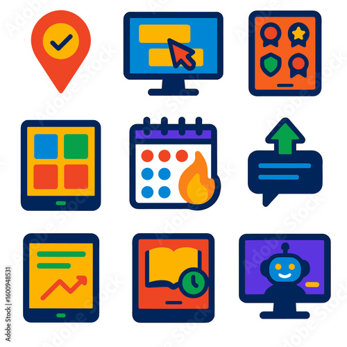 Bright E-Learning Icons. Flat vector icons of digital education and e-learning tools: task priority pin icon, interactive drag-and