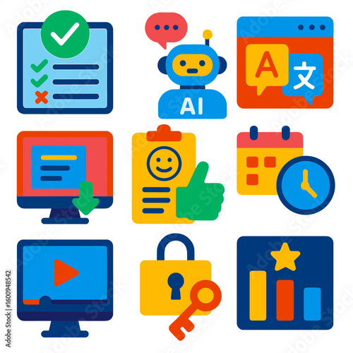 Digital Learning Icons. Flat vector icons of digital education and e-learning tools: interactive module completion screen, AI