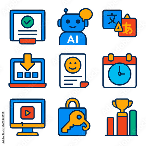 Digital Learning Icons. Flat vector icons of digital education and e-learning tools: interactive module completion screen, AI