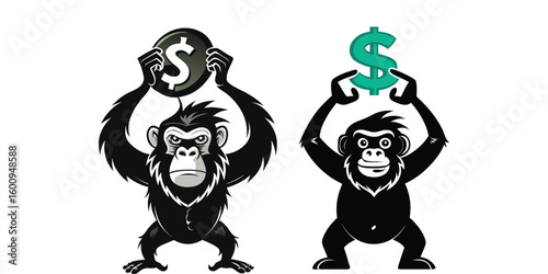 Powerful Ape Silhouette Vector Holding Dollar Sign Above Head – Gorilla Money Graphic, Primate Wealth Clipart, Finance Animal Design for T-Shirts, Logos, Stickers, Digital Art