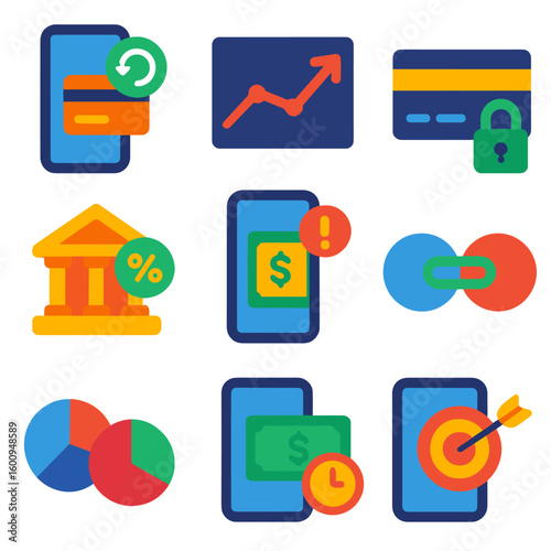 Modern Financial Icons. Flat vector icons of online banking and personal finance: mobile refund request screen, financial forecast