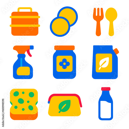 Zero Waste Icons. Flat vector icons of zero waste lifestyle items: metal tiffin lunchbox, reusable cotton pads, compostable