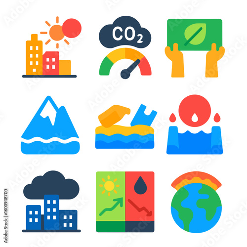 Climate Change Icons. Flat vector icons of climate change and environmental icons: urban heat island effect, CO2 emission meter,