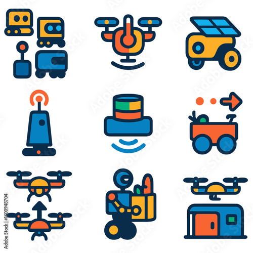 Futuristic Delivery Icons. Flat vector icons of delivery robots and autonomous logistics: fleet of robot vehicles,