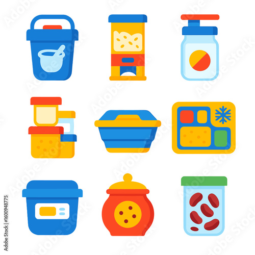 Food Storage Icons. Flat vector icons of food preservation and storage containers: portable yogurt chiller, airtight rice