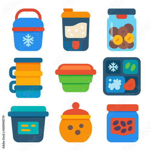 Food Storage Icons. Flat vector icons of food preservation and storage containers: portable yogurt chiller, airtight rice