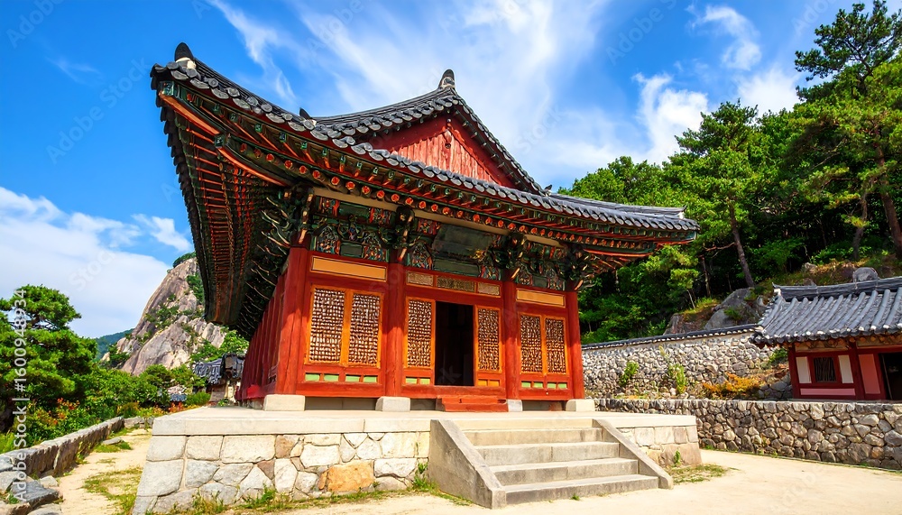 Obraz premium Korean temple pavilion on a sunny day