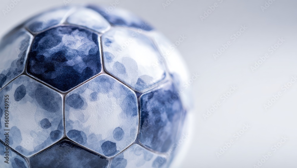 Naklejka premium Close-up of a soccer ball with a unique, abstract blue and white design, showing hexagonal panels and a shallow depth of field against a blurred background
