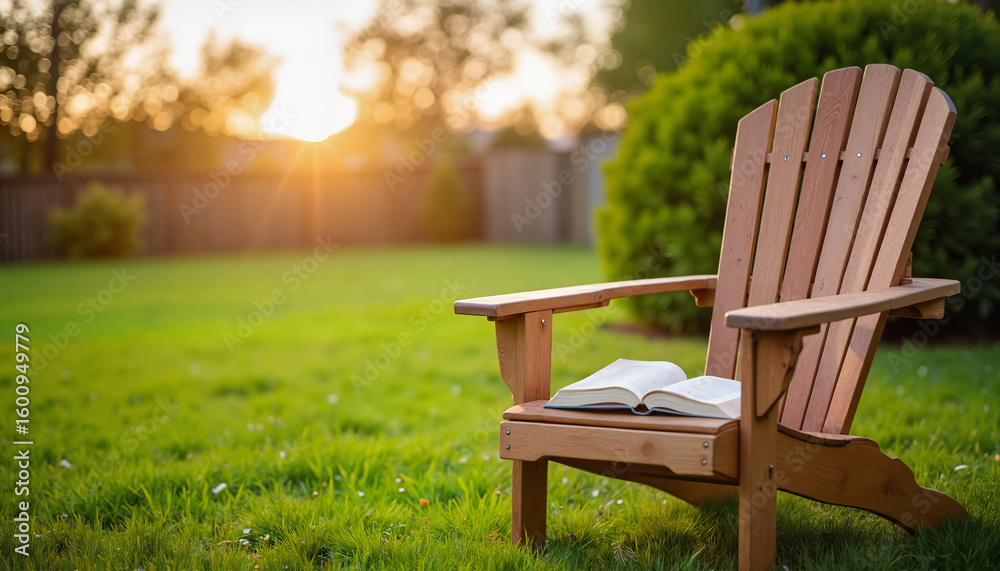 Fototapeta premium Wooden chair with an open book in a sunny garden at sunset