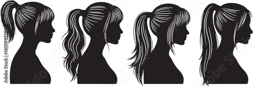 Four black silhouette profiles of women with ponytails, silhouette, woman, female, profile, head, hair, ponytail, hairstyle, black and white, graphic, illustration, design, line art, simple, clean, mo