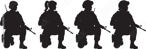 Four black silhouette soldiers kneeling with rifles, soldier, military, army, kneeling, rifle, gun, weapon, combat, uniform, helmet, tactical gear, communication, radio, silhouette, black and white, i