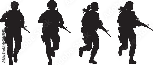 Four black silhouette soldiers running with rifles, soldier, military, running, action, rifle, weapon, silhouette, black, white background, combat, army, war, tactical, gear, uniform, movement, dynami