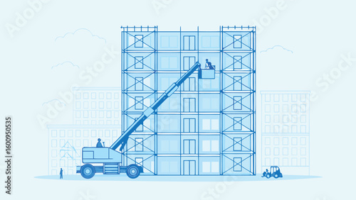 Illustration of a building under construction with a crane and scaffolding in a light blue color scheme