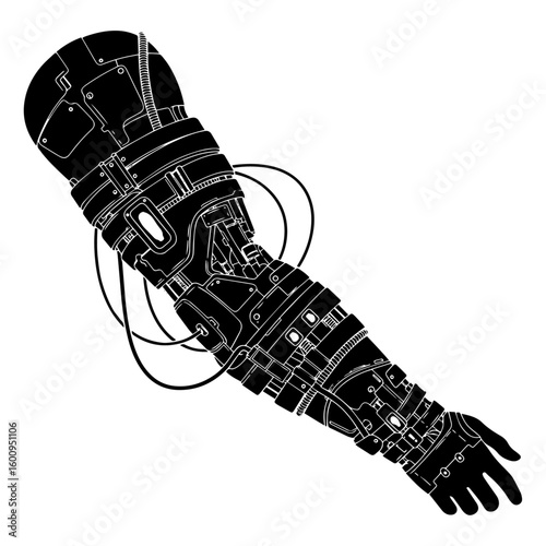 Cybernetic Prosthetic Arm Silhouette Illustration, Futuristic Bionic Limb Vector Graphic, Black Silhouette of an Advanced Robotic Arm, Technology Concept: Artificial Human Arm.