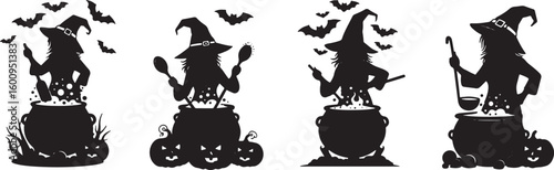 Four Halloween witches stirring cauldrons with bats and pumpkins, halloween, witch, witches, cauldron, pot, boiling, potion, magic, spell, bats, flying, pumpkins, jack o lantern, spooky, dark, silhoue