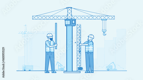 Illustration of two construction workers assembling a crane on a construction site in light blue