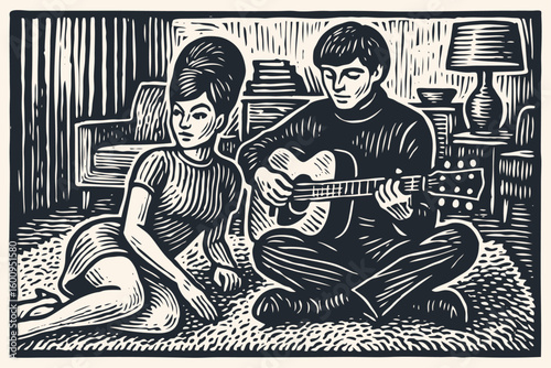 A young man plays an acoustic guitar for a woman in a retro 1960s living room. Vintage woodcut style vector illustration of a romantic couple.