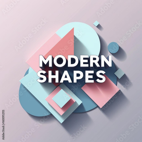 Composition of geometric figures in pastel colors with shadows creating a three dimensional appearance effect