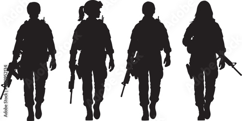 Four silhouettes of soldiers with rifles walking military, soldier, military, silhouette, walking, rifle, weapon, army, combat, uniform, gear, tactical, equipment, group, people, action, movement, for