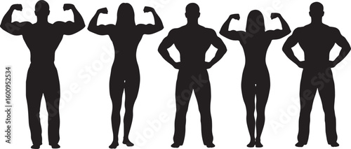 Male and female bodybuilder silhouettes flexing muscles, bodybuilder, silhouette, male, female, muscles, flexing, fitness, strength, power, athletic, sport, workout, exercise, health, healthy, anatomy