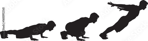 Man performing push up exercise in three stages fitness, man, push up, exercise, fitness, workout, strength, training, bodybuilder, athletic, silhouette, black and white, movement, progression, active
