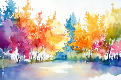 Brilliant hues of warm and cool tones blend harmoniously in this artwork, showcasing colorful trees beside calm waters during the early morning sunlight, creating a peaceful atmosphere