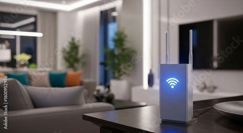 A wifi extender, Blue wifi symbol, Connected smart home