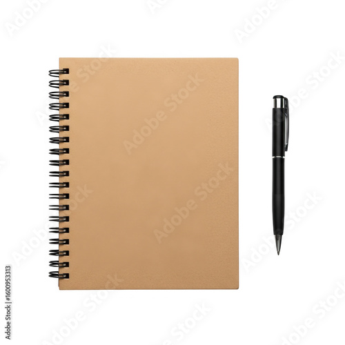 Brown notebook with pen isolated on transparent background