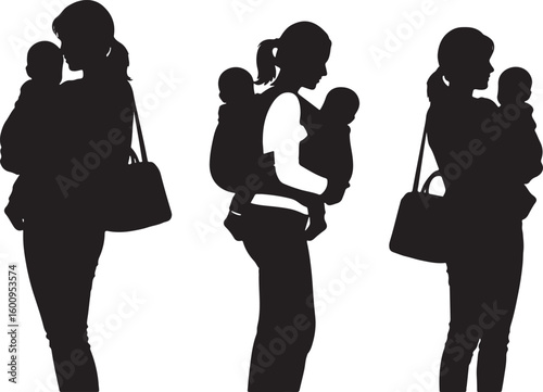Silhouette of mother holding baby in sling and baby carrier, mother, baby, silhouette, holding, baby carrier, sling, parent, child, infant, black and white, parenting, family, love, care, bonding, car