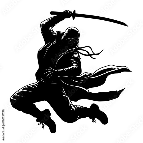 Dynamic Ninja Warrior with Katana Sword Illustration, 
Black Silhouette of a Jumping Ninja in Action, Japanese Martial Arts Fighter with Red Eyes Vector.