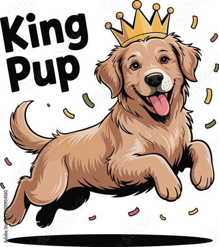 Golden Retriever dog wearing crown jumping with confetti
