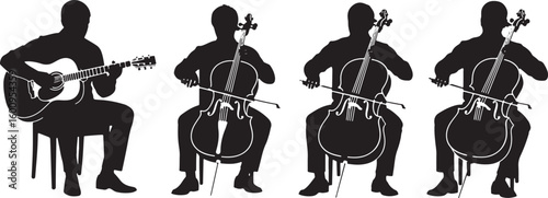 Silhouettes of musicians playing guitar and cello vector, cello, guitar, musician, music, playing, performance, classical music, acoustic guitar, string instrument, silhouette, black and white, isolat