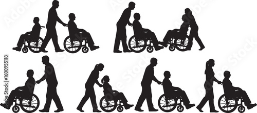 Silhouettes of people assisting individuals in wheelchairs, wheelchair, disability, assistance, care, helping, support, person, man, woman, child, elderly, patient, caregiver, medical, health, mobilit