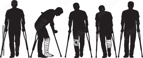 Silhouettes of people with crutches and bandages injury, silhouette, people, crutches, bandage, injury, leg injury, broken leg, medical, rehabilitation, walking, support, mobility, disability, healthc